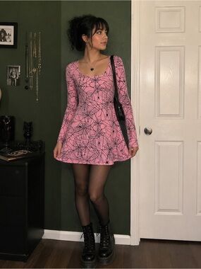 Dolls Kill Pink Spiderweb Print Long Sleeve Skater Dress